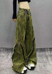 Stylish Green Tasseled Patchwork Denim Wide Leg Pants Fall