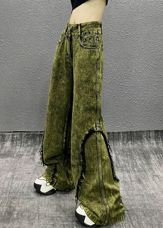 Stylish Green Tasseled Patchwork Denim Wide Leg Pants Spring