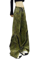 Stylish Green Tasseled Patchwork Denim Wide Leg Pants Spring