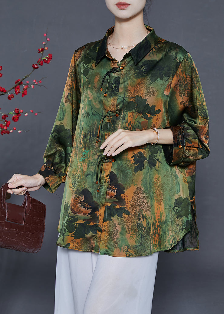 Stylish Green Tasseled Print Silk Shirts Fall