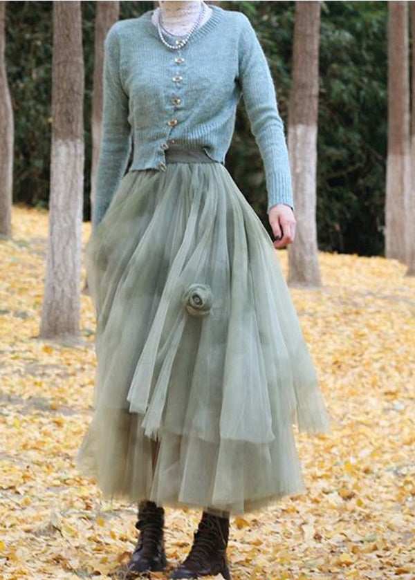 Stylish Green Tie Dye Floral Tulle Holiday Skirt Spring