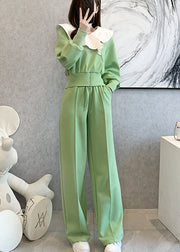 Stylish Green Tops And Pants Cotton Two Pieces Set Spring