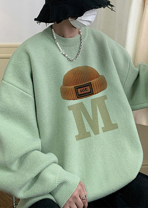 Stylish Green Turtleneck Print Cotton Knit Men Sweaters Winter