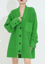 Stylish Green V Neck Button Patchwork Woolen Cardigan Spring