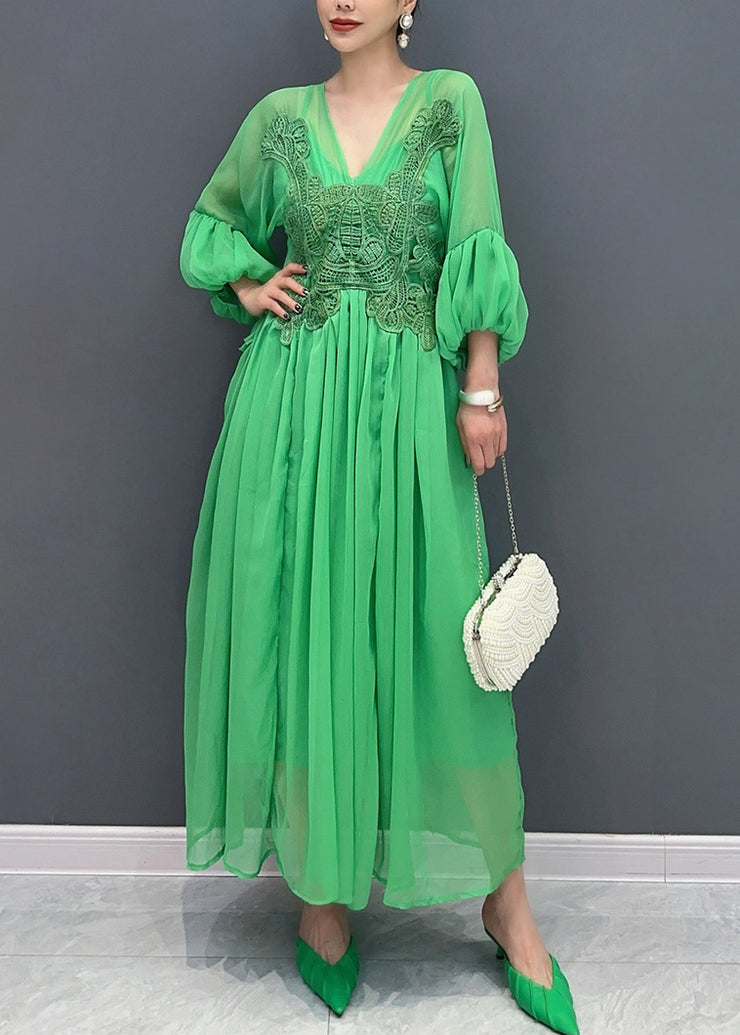 Stylish Green V Neck Embroidered Floral Chiffon Long Dress Fall