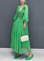 Stylish Green V Neck Embroidered Floral Chiffon Long Dress Fall