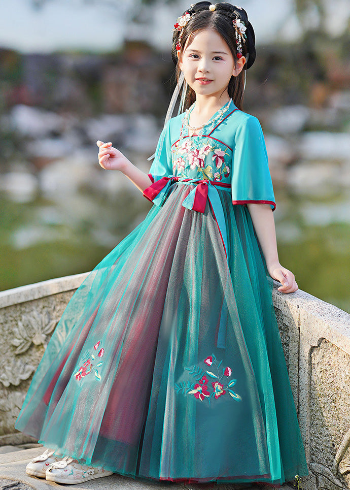 Stylish Green V Neck Embroideried Kids Maxi Dresses Summer