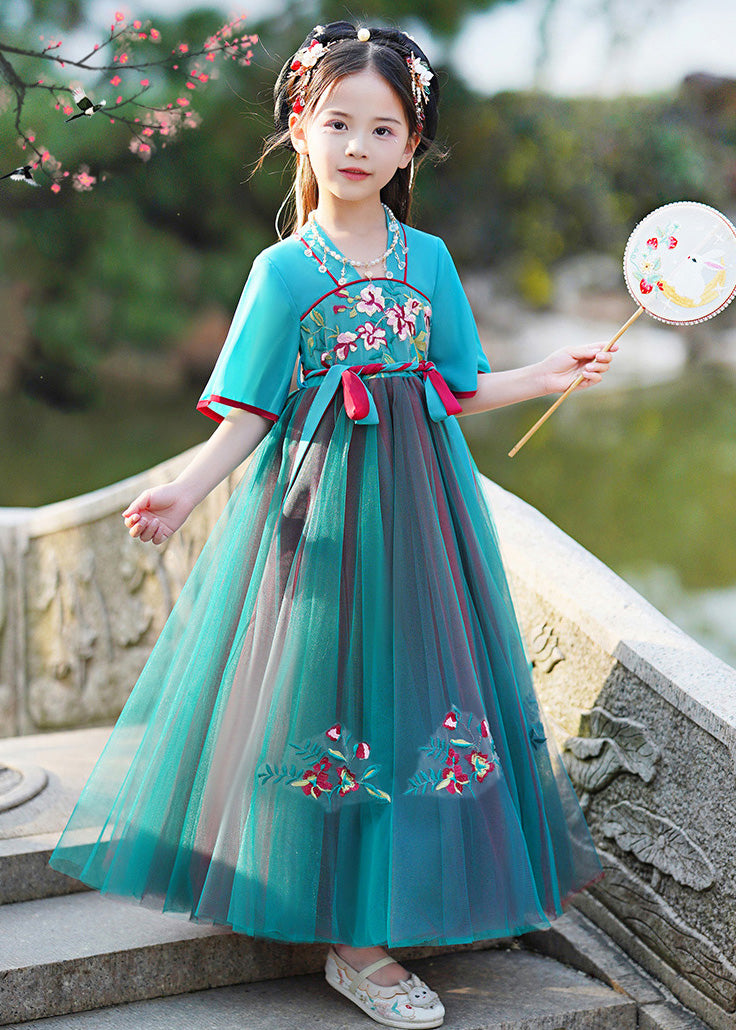 Stylish Green V Neck Embroideried Kids Maxi Dresses Summer