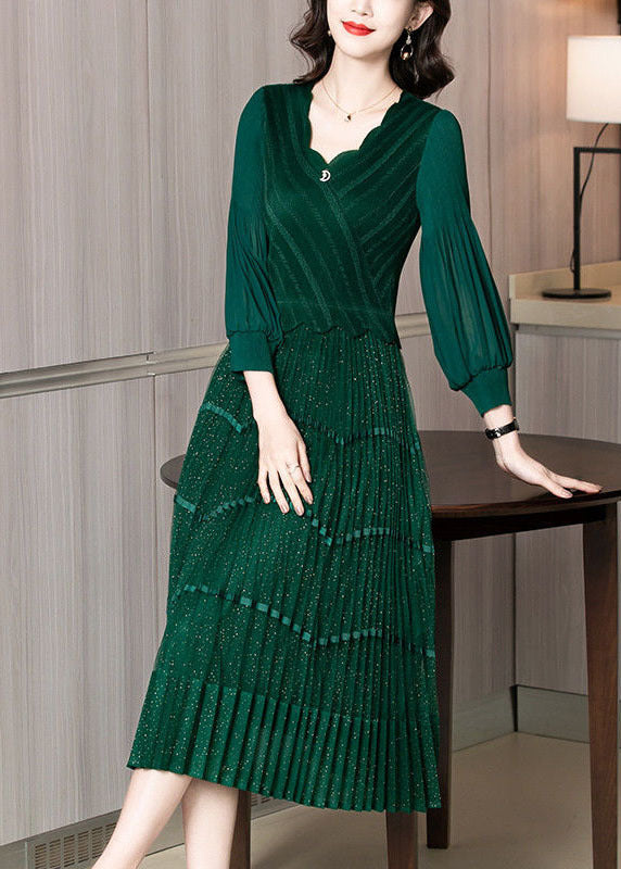 Stylish Green V Neck Patchwork Wrinkled Silk Long Dresses Long Sleeve