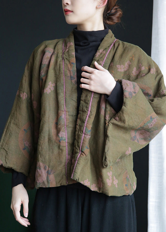 Stylish Green V Neck Print Button Warm Fleece Linen Parka Winter