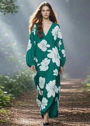 Stylish Green V Neck Print Chiffon Long Dresses Spring