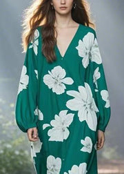 Stylish Green V Neck Print Chiffon Long Dresses Spring