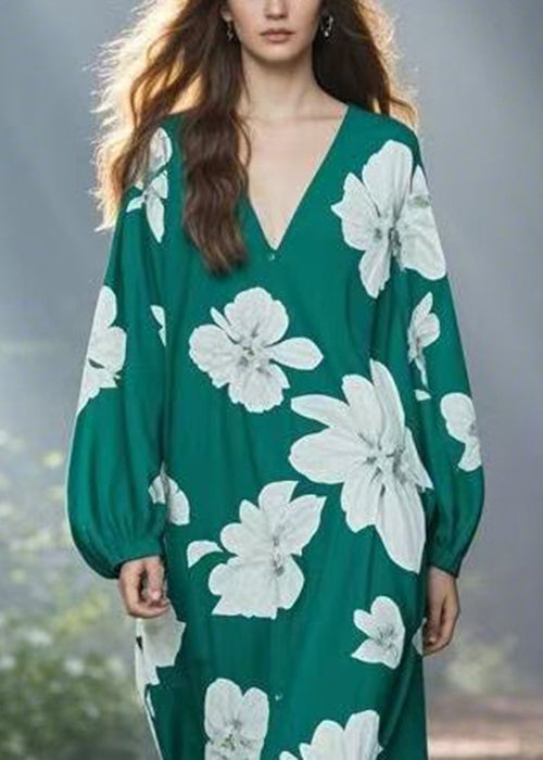 Stylish Green V Neck Print Chiffon Long Dresses Spring