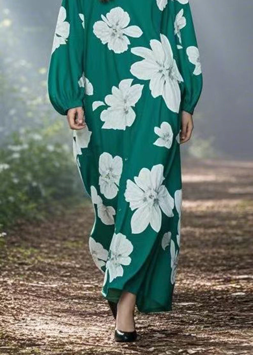 Stylish Green V Neck Print Chiffon Long Dresses Spring