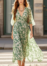 Stylish Green V Neck Print Chiffon Long Dresses Summer