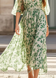 Stylish Green V Neck Print Chiffon Long Dresses Summer