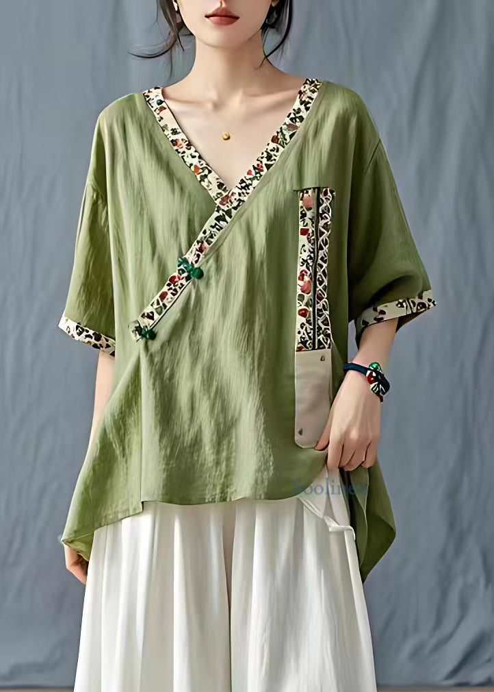Stylish Green V Neck Print Low High Design T Shirt Short Sleeve