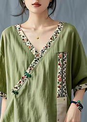 Stylish Green V Neck Print Low High Design T Shirt Short Sleeve