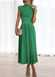 Stylish Green Wrinkled Pockets Cotton Long Dresses Summer