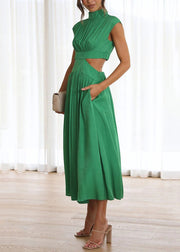 Stylish Green Wrinkled Pockets Cotton Long Dresses Summer