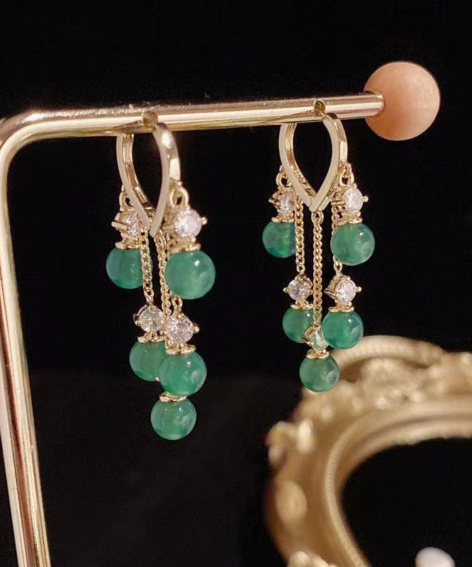 Stylish Green Zircon Overgild Gem Stone Tassel Drop Earrings