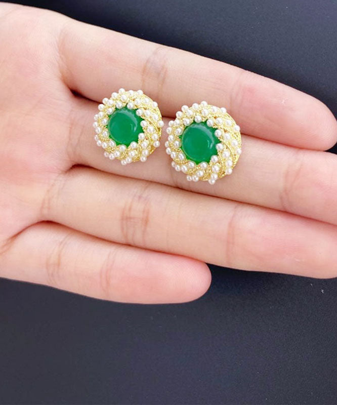 Stylish Green Zircon Pearl Agate Stud Earrings