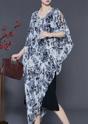 Stylish Grey Asymmetrical Floral Chiffon Tea Dress Summer