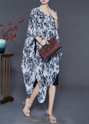 Stylish Grey Asymmetrical Floral Chiffon Tea Dress Summer