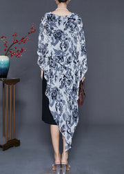 Stylish Grey Asymmetrical Floral Chiffon Tea Dress Summer