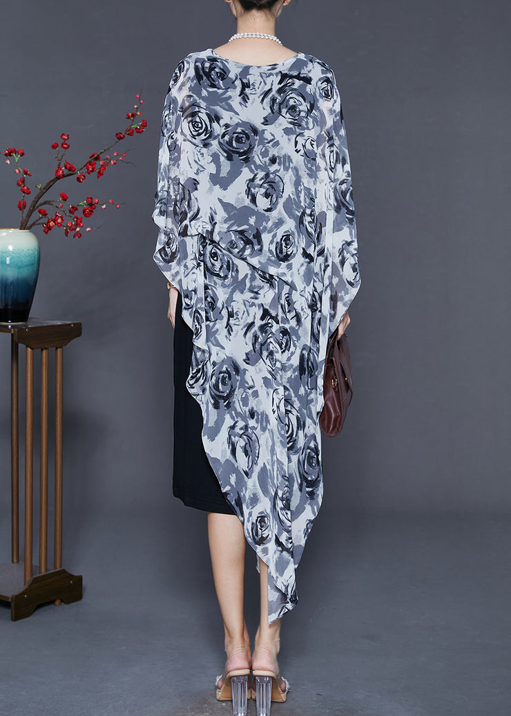 Stylish Grey Asymmetrical Floral Chiffon Tea Dress Summer