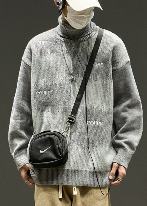 Stylish Grey Embroideried Patchwork Knit Men Sweaters Winter