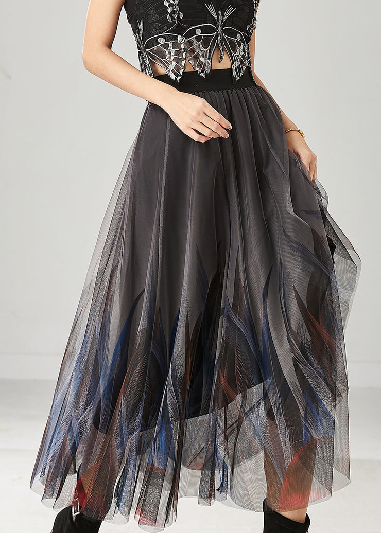Stylish Grey Feather Print Tulle Skirts Summer