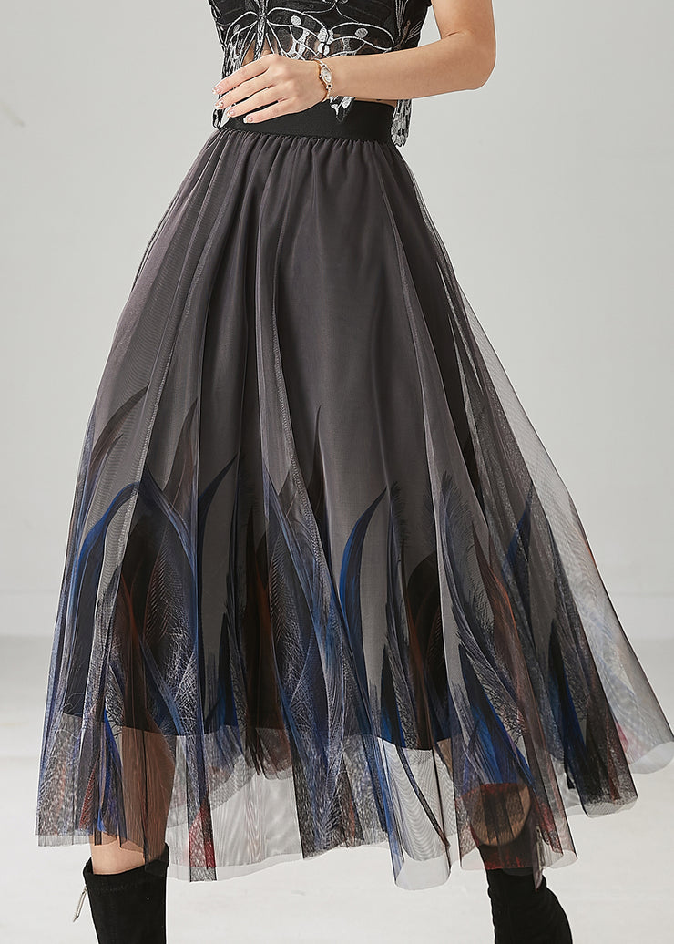 Stylish Grey Feather Print Tulle Skirts Summer