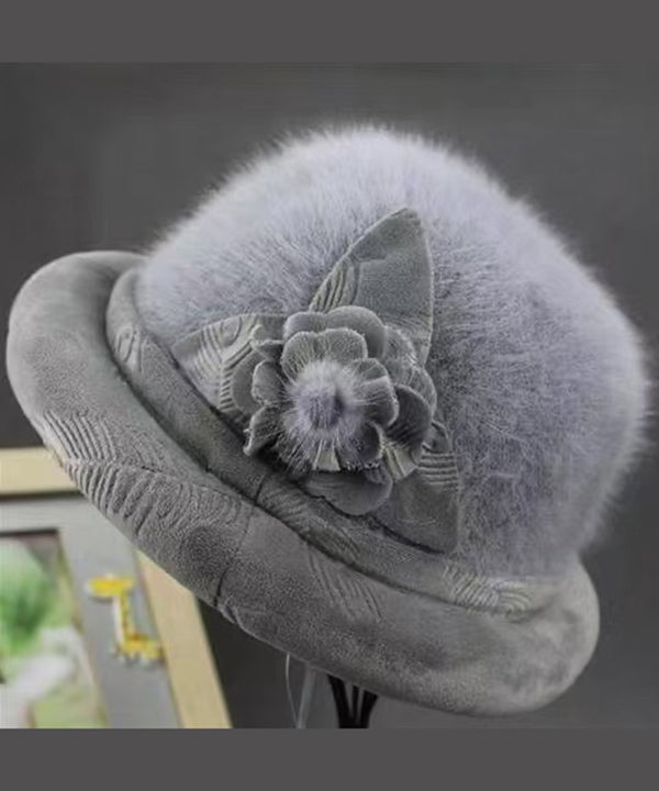 Stylish Grey Floral The Rabbit Woolen Bucket Hat