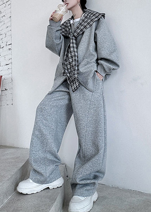 Stylish Grey Hooded Pockets Patchwork Cotton Men Two Pieces Set Fall