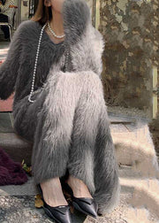 Stylish Grey Mink Hair Knitted Sweaters And Maxi Skirts Two Piece Set Winter