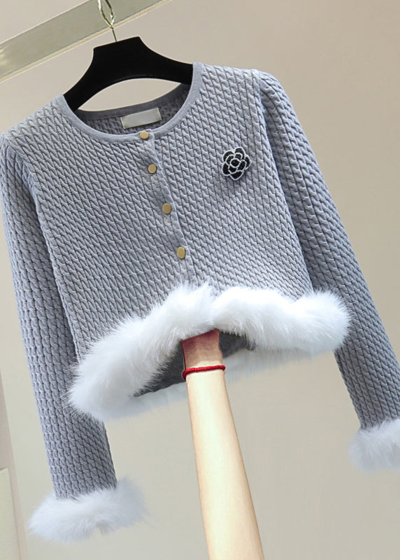 Stylish Grey O-Neck Floral Fuzzy Fur Fluffy Cotton Knit Sweater Winter