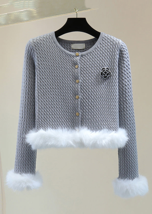 Stylish Grey O-Neck Floral Fuzzy Fur Fluffy Cotton Knit Sweater Winter