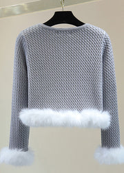 Stylish Grey O-Neck Floral Fuzzy Fur Fluffy Cotton Knit Sweater Winter