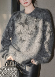 Stylish Grey O Neck Sequins Knit Pullover Spring