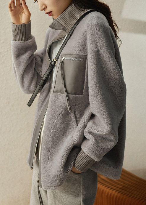 Stylish Grey Oversized PU Patchwork Wool Coat Fall