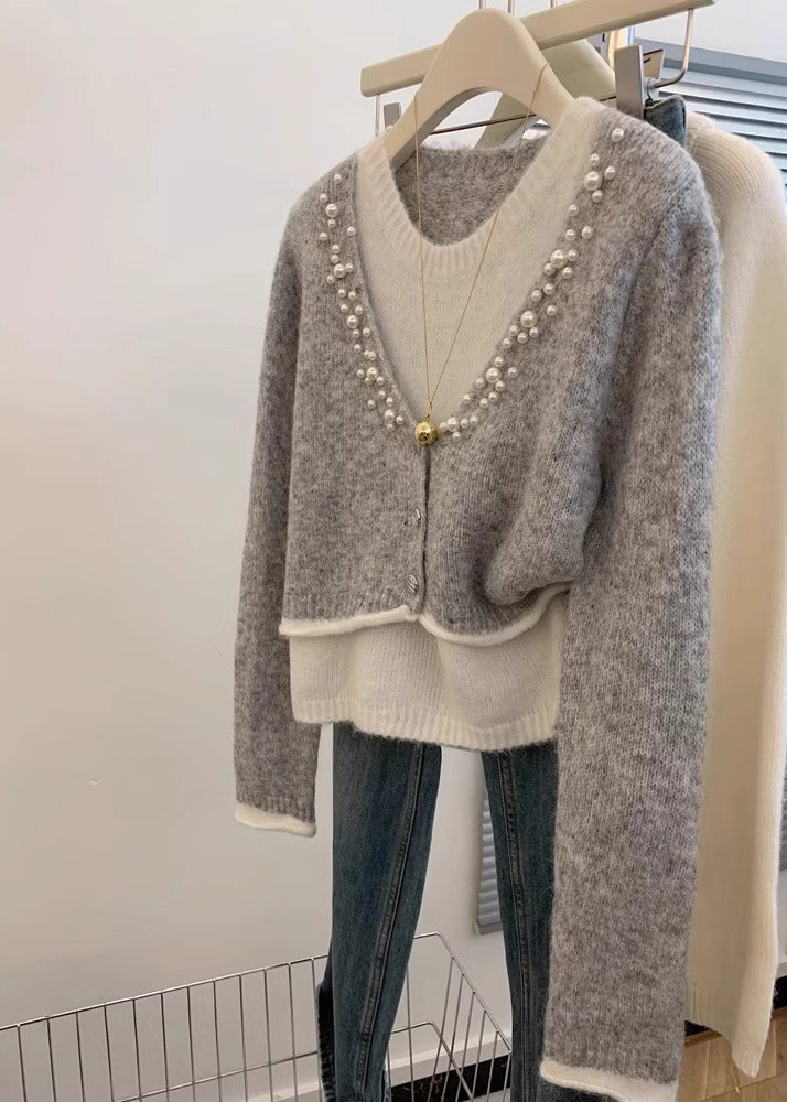 Stylish Grey Pearl False Two Pieces Knit Sweaters Spring