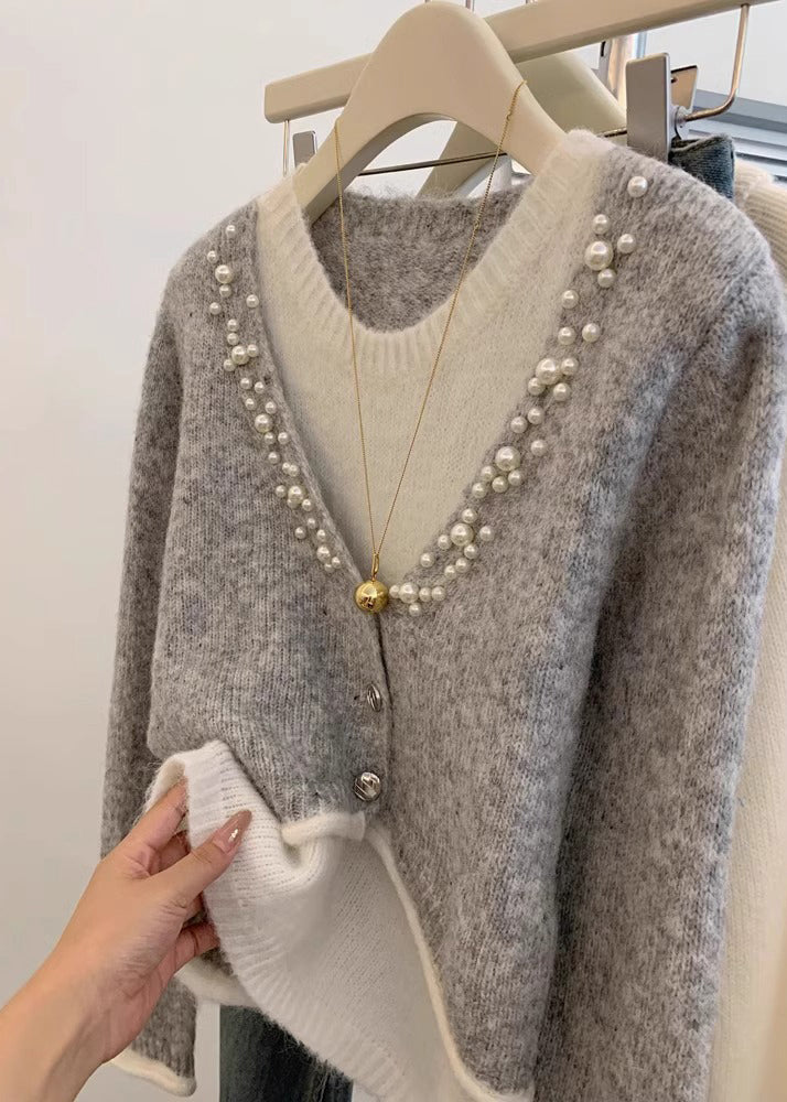 Stylish Grey Pearl False Two Pieces Knit Sweaters Spring