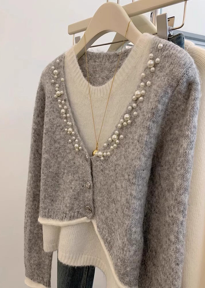 Stylish Grey Pearl False Two Pieces Knit Sweaters Spring