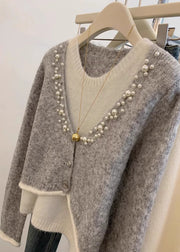 Stylish Grey Pearl False Two Pieces Knit Sweaters Spring