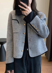 Stylish Grey Peter Pan Collar Button Woolen Jacket Winter