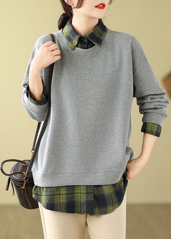 Stylish Grey Peter Pan Collar Patchwork Fake Two Pieces Sweatshirt Fall