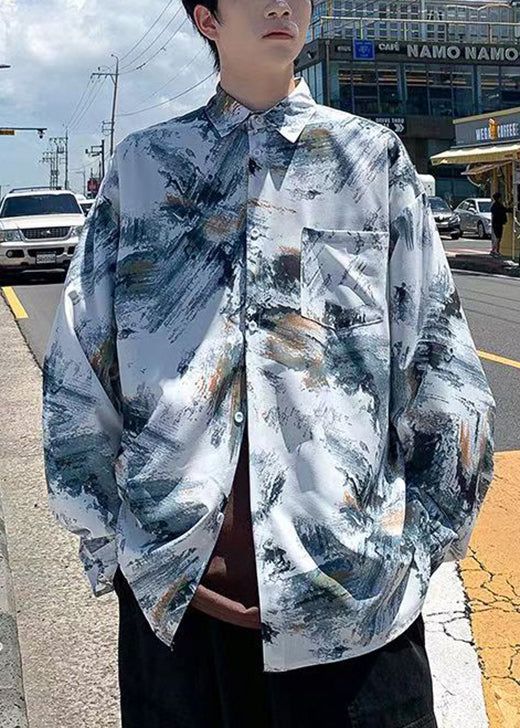 Stylish Grey Peter Pan Collar Tie Dye Ice Silk Men Shirts Fall