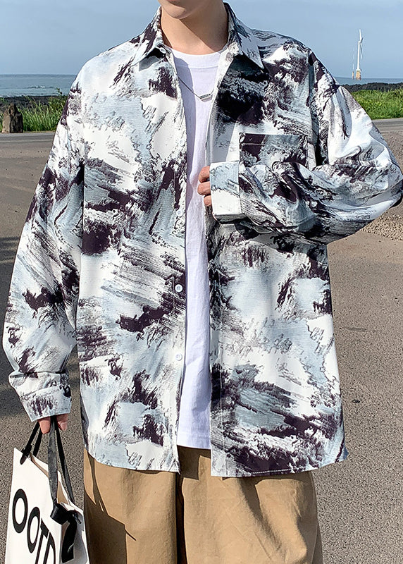 Stylish Grey Peter Pan Collar Tie Dye Ice Silk Men Shirts Fall