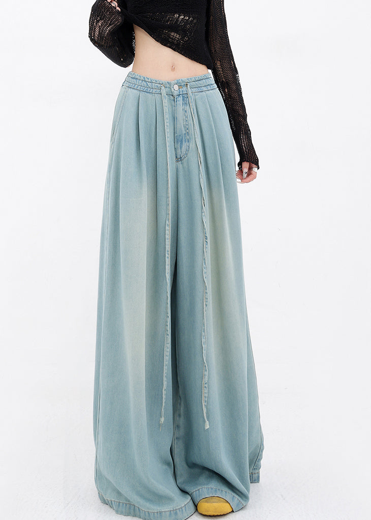 Stylish Grey Pockets Drawstring Denim Wide Leg Pants Summer